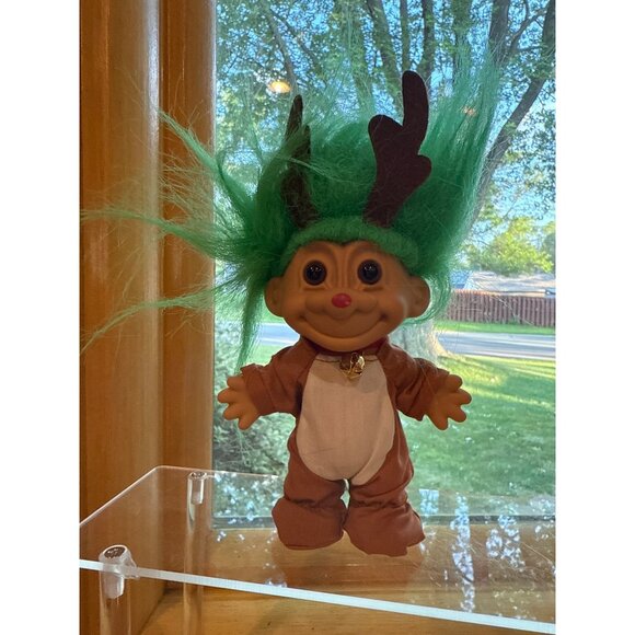 Russ Troll Doll Reindeer Outfit W/ Green Hair & Antlers 4" - Picture 1 of 3